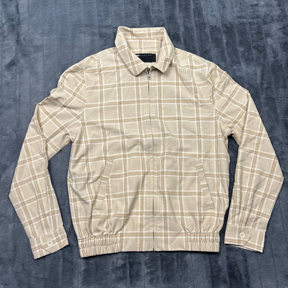 ASOS DESIGN Mens Beige Plaid Harrington Jacket Zip Up F100318 Size S